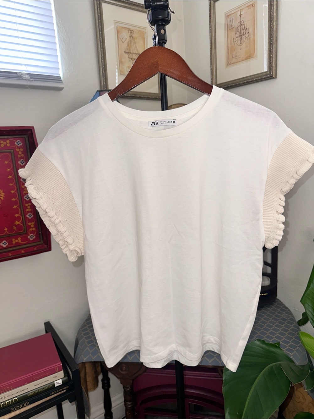 Zara White Tee with Cream Ruffle Sleeves